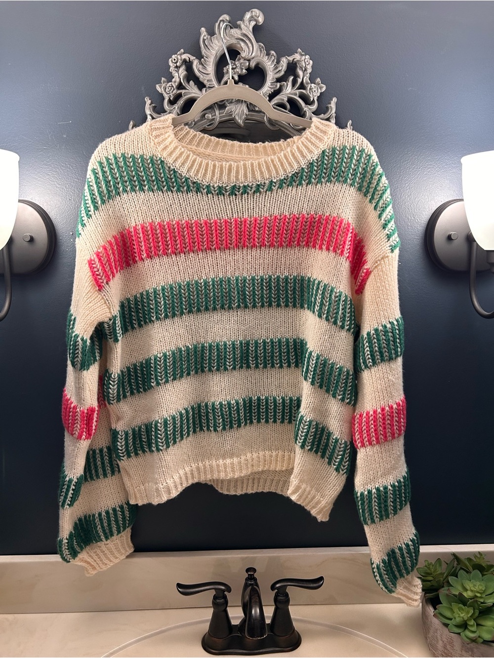 Striped Cream, Green & Pink Knit Sweater